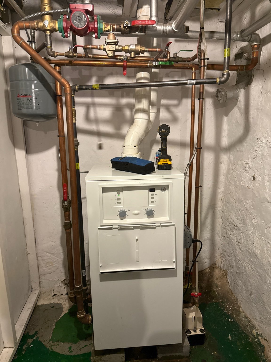Residential boiler with circulator, expansion tank, and copper distribution piping installed by TrueField Home Services in Delaware County, PA