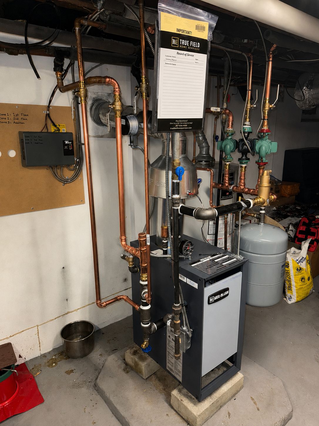 Multi-zone Weil-McLain boiler installation with circulation controls installed by TrueField Home Services in Delaware County, PA