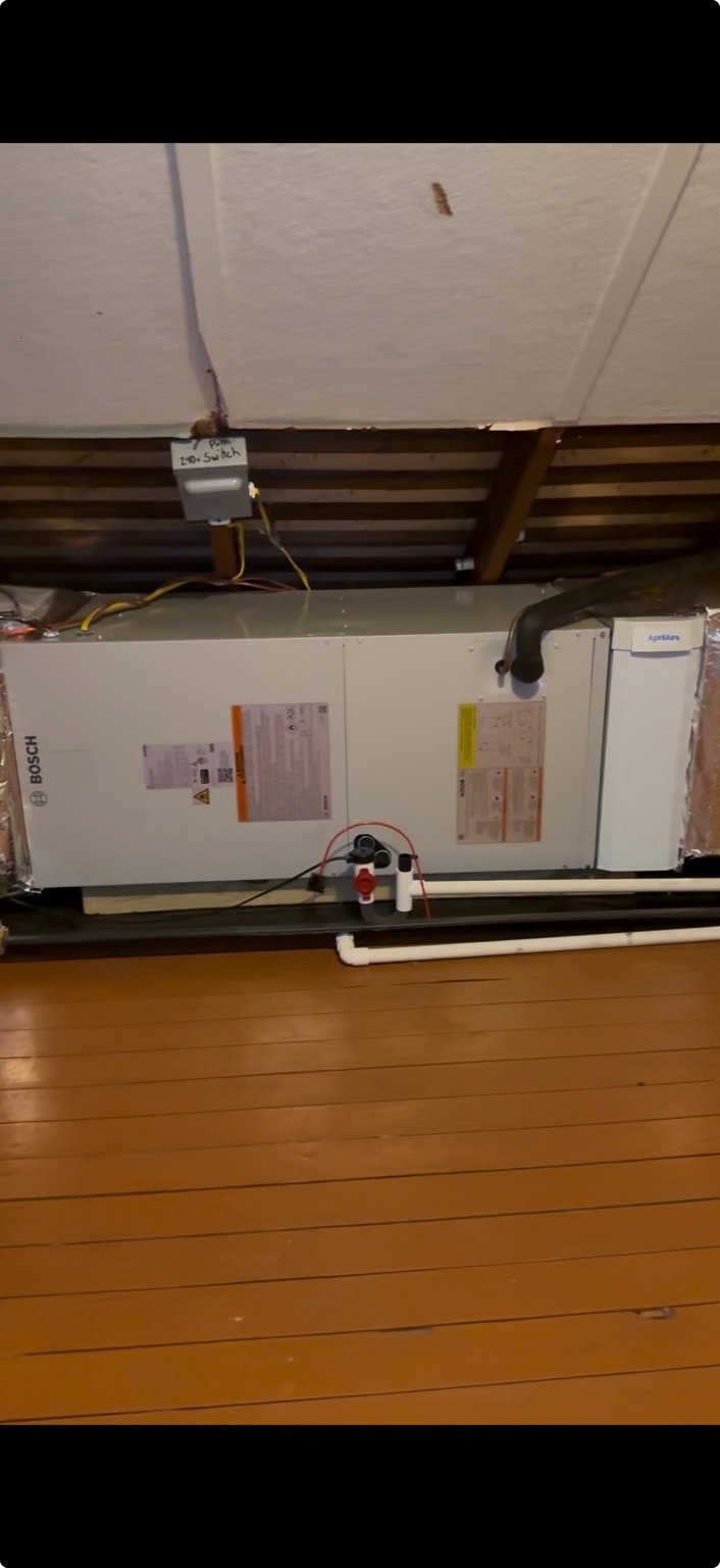 Bosch heat-pump air handler installed in a horizontal attic configuration by TrueField Home Services in Delaware County, PA