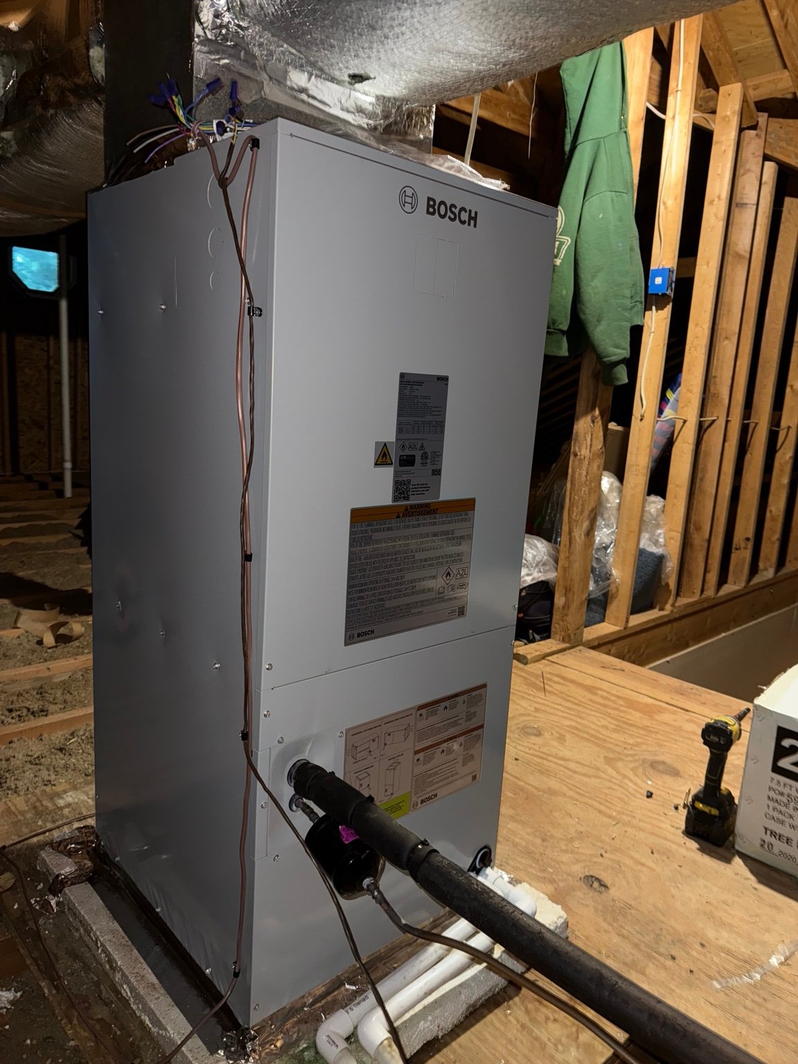 Bosch heat-pump air handler installed in an attic mechanical area by TrueField Home Services in Delaware County, PA