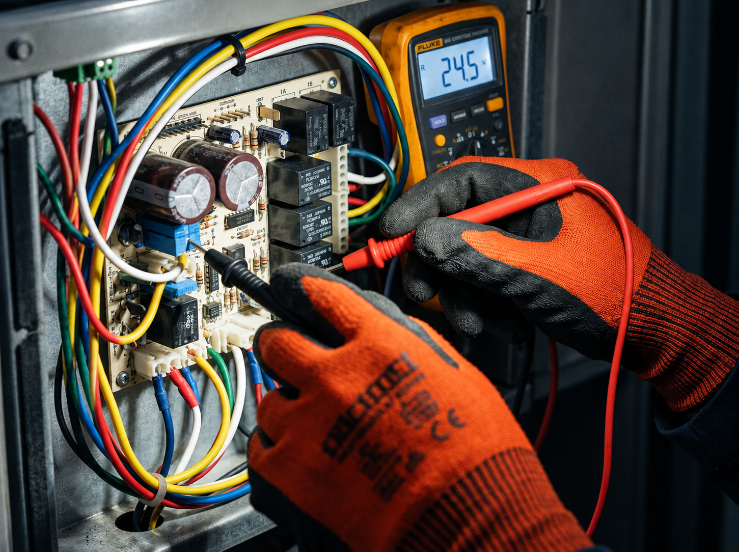 HVAC technician testing a control board with a multimeter