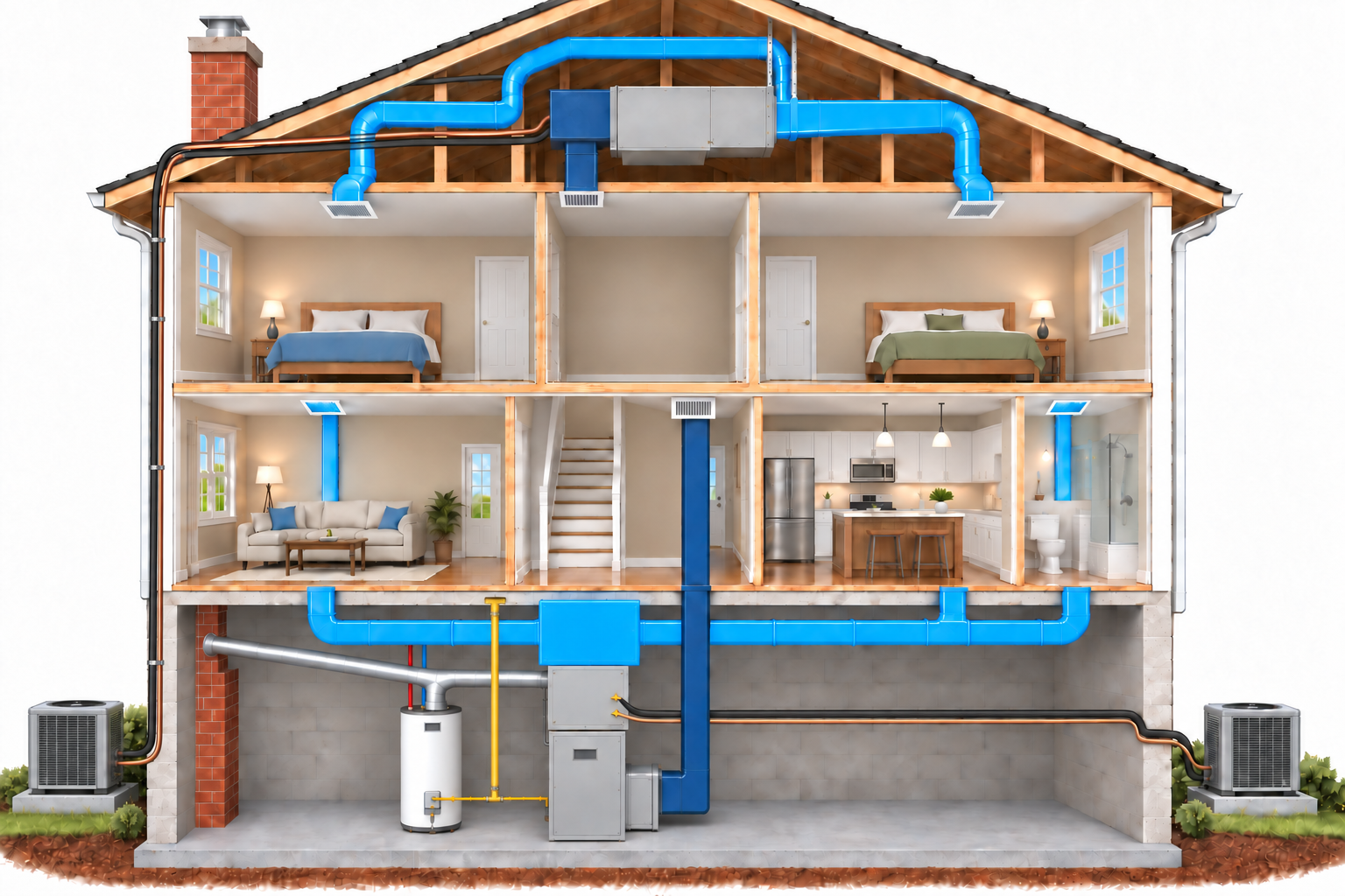 Two-story home HVAC system cutaway showing furnaces, ductwork, air handler, water heater, and outdoor condensers